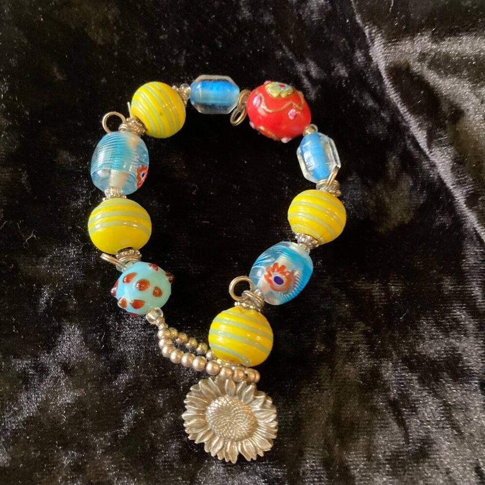 1992 Vintage Danforth Pewter Art Glass Beads Charm Bracelet Blue Yellow Red 7"